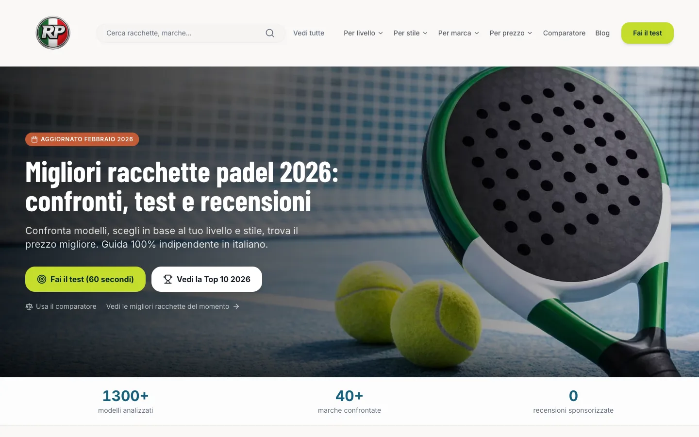 Captura de la web de Racchettapadel — Versión italiana de un proyecto de nicho
